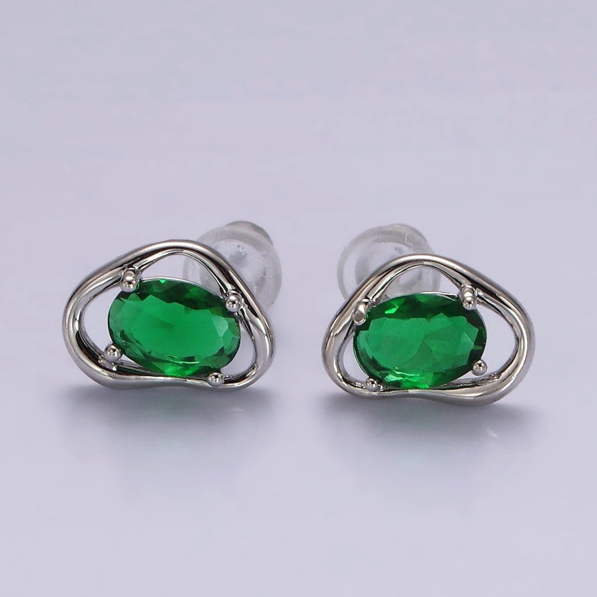 14K Gold Filled Clear, Pink, Blue, Green Oval CZ Open Abstract Bezel Stud Earrings in Gold & Silver | V330 - V341 - DLUXCA