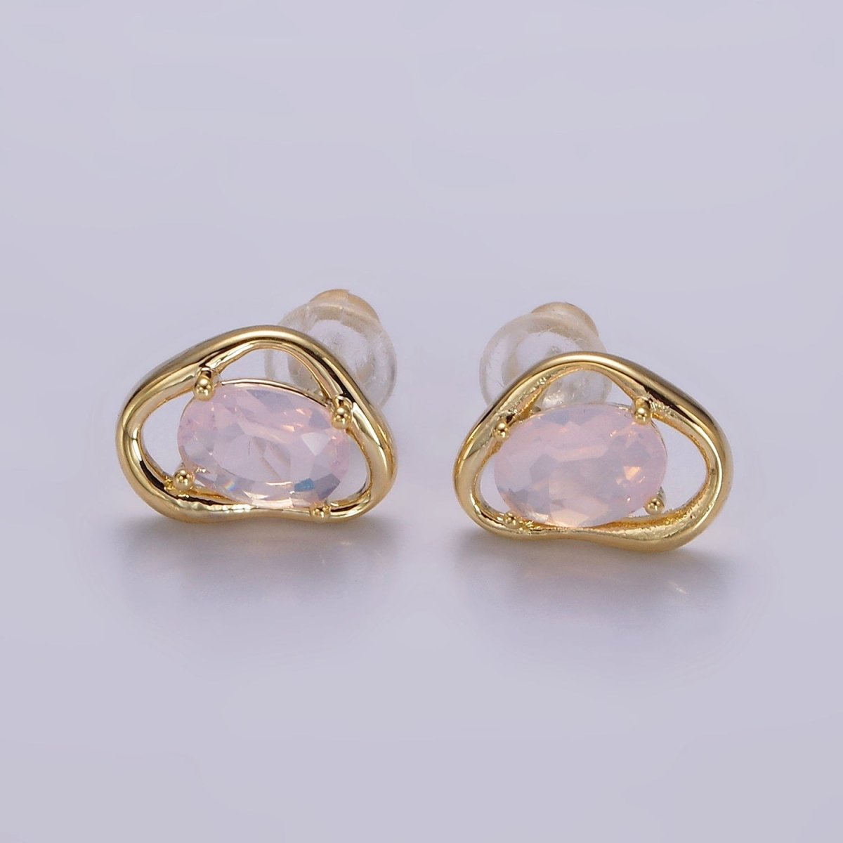 14K Gold Filled Clear, Pink, Blue, Green Oval CZ Open Abstract Bezel Stud Earrings in Gold & Silver | V330 - V341 - DLUXCA