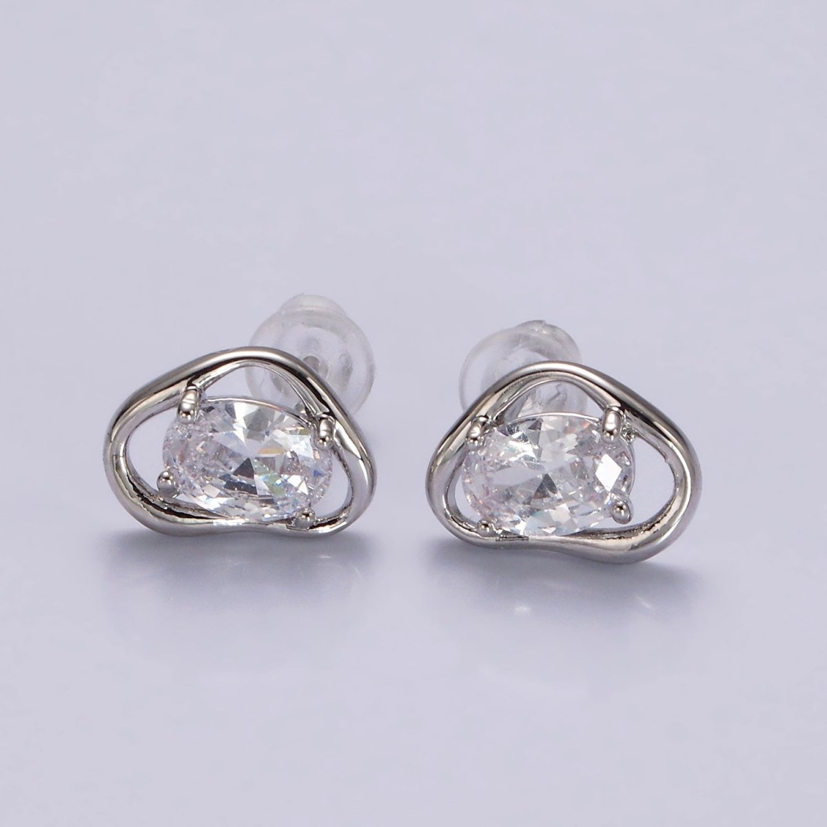 14K Gold Filled Clear, Pink, Blue, Green Oval CZ Open Abstract Bezel Stud Earrings in Gold & Silver | V330 - V341 - DLUXCA