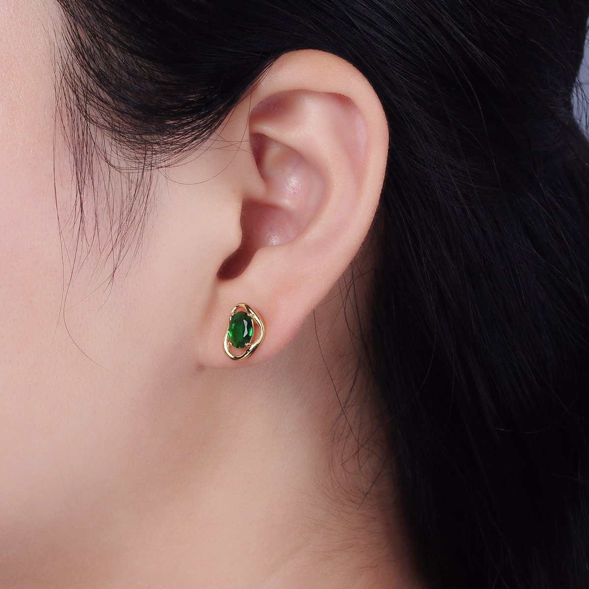 14K Gold Filled Clear, Pink, Blue, Green Oval CZ Open Abstract Bezel Stud Earrings in Gold & Silver | V330 - V341 - DLUXCA