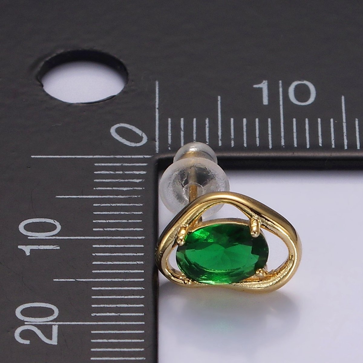 14K Gold Filled Clear, Pink, Blue, Green Oval CZ Open Abstract Bezel Stud Earrings in Gold & Silver | V330 - V341 - DLUXCA