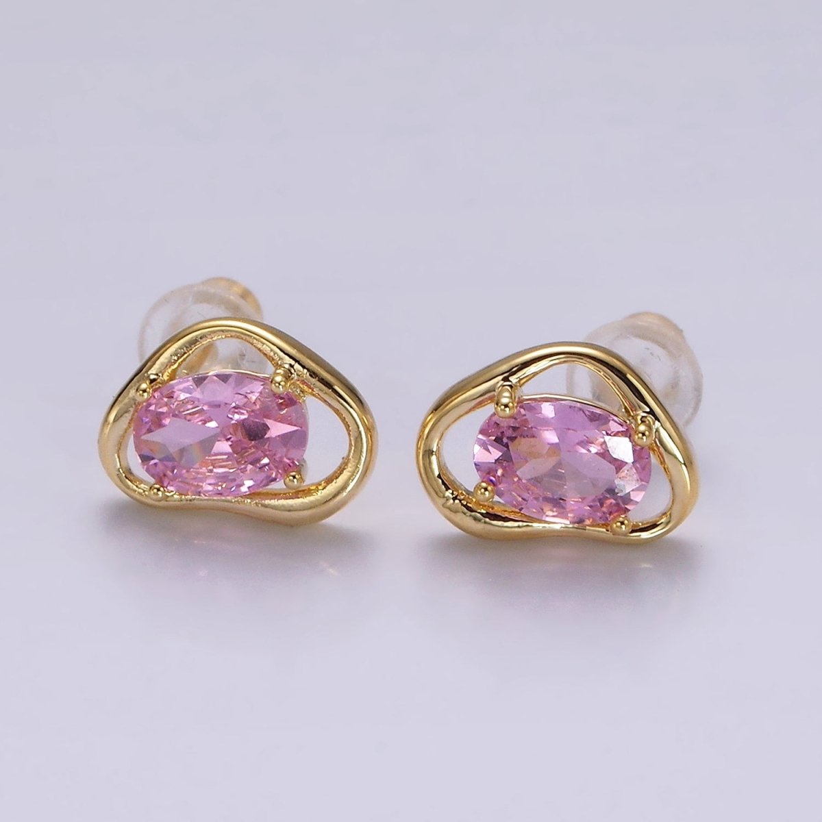 14K Gold Filled Clear, Pink, Blue, Green Oval CZ Open Abstract Bezel Stud Earrings in Gold & Silver | V330 - V341 - DLUXCA