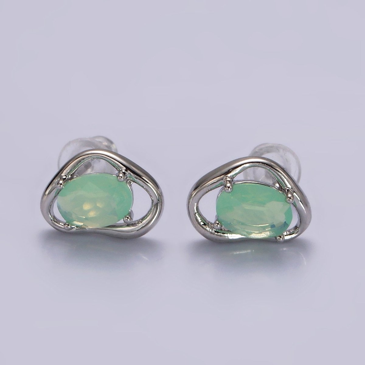 14K Gold Filled Clear, Pink, Blue, Green Oval CZ Open Abstract Bezel Stud Earrings in Gold & Silver | V330 - V341 - DLUXCA