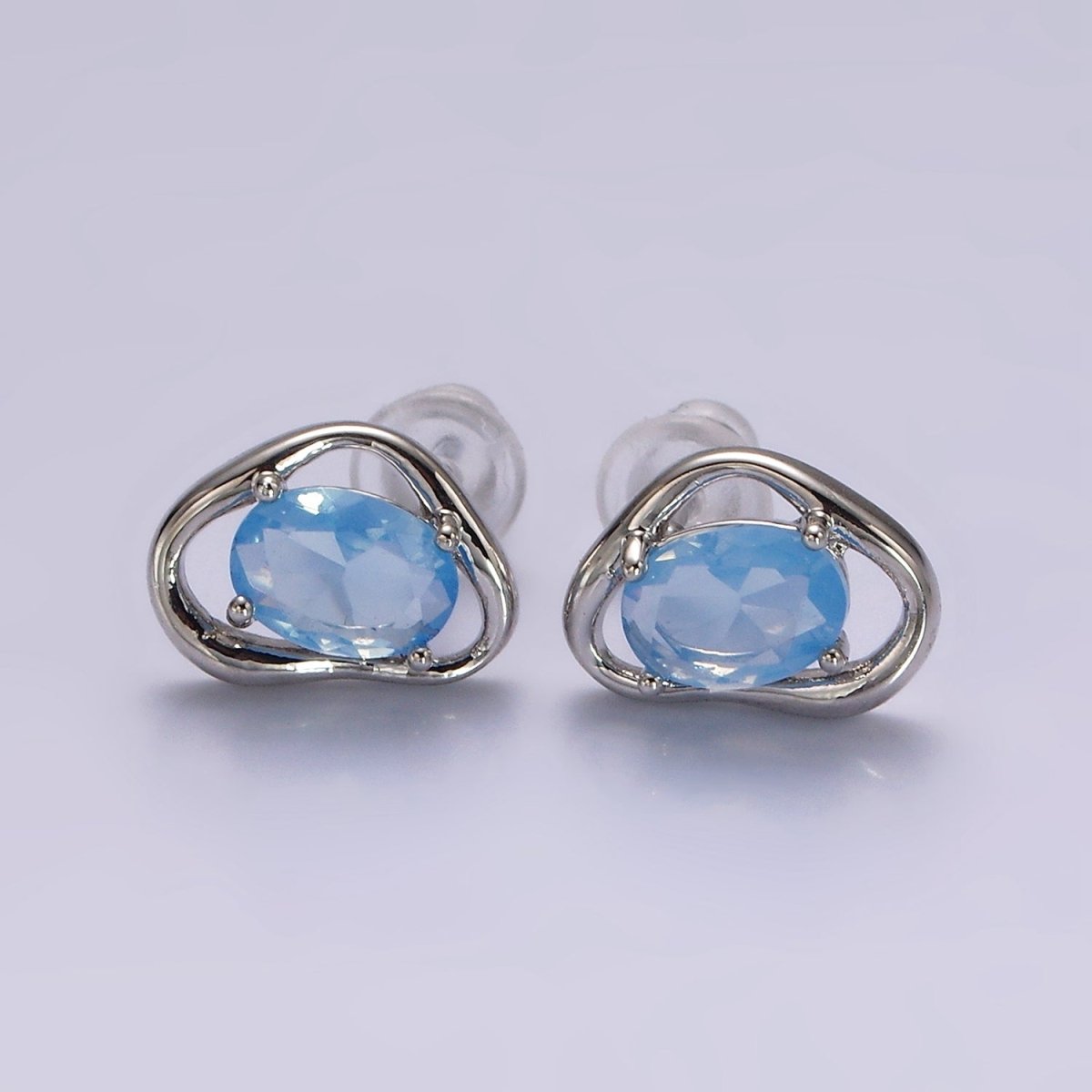 14K Gold Filled Clear, Pink, Blue, Green Oval CZ Open Abstract Bezel Stud Earrings in Gold & Silver | V330 - V341 - DLUXCA