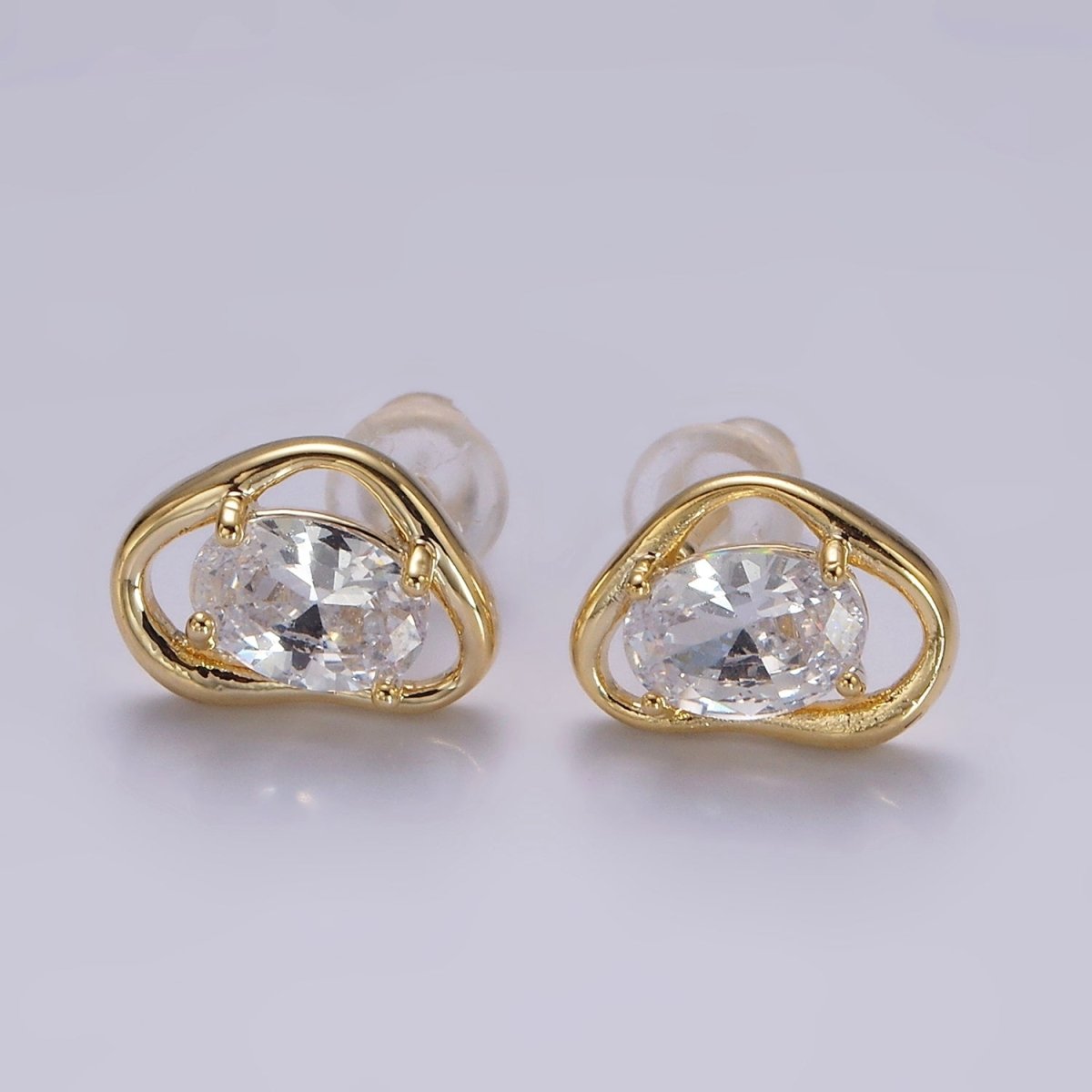 14K Gold Filled Clear, Pink, Blue, Green Oval CZ Open Abstract Bezel Stud Earrings in Gold & Silver | V330 - V341 - DLUXCA