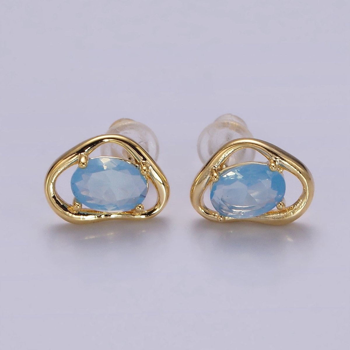 14K Gold Filled Clear, Pink, Blue, Green Oval CZ Open Abstract Bezel Stud Earrings in Gold & Silver | V330 - V341 - DLUXCA