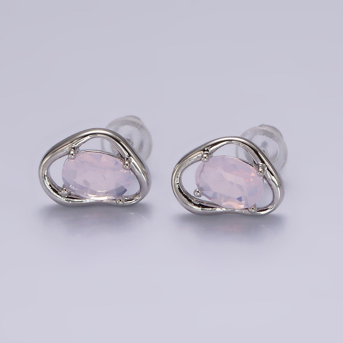 14K Gold Filled Clear, Pink, Blue, Green Oval CZ Open Abstract Bezel Stud Earrings in Gold & Silver | V330 - V341 - DLUXCA