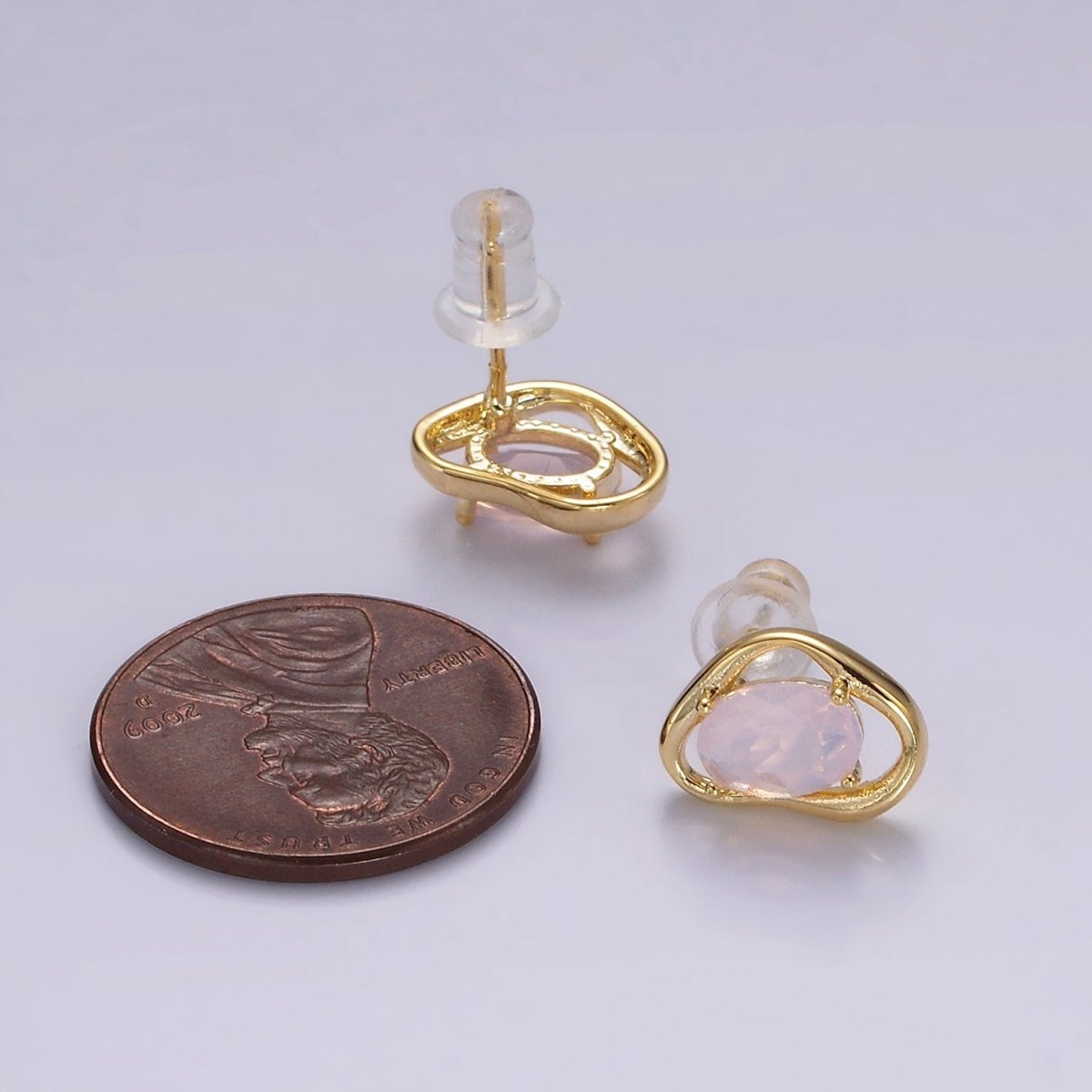 14K Gold Filled Clear, Pink, Blue, Green Oval CZ Open Abstract Bezel Stud Earrings in Gold & Silver | V330 - V341 - DLUXCA