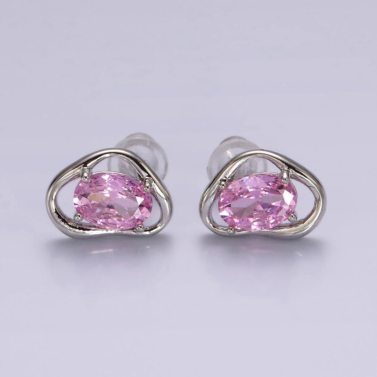 14K Gold Filled Clear, Pink, Blue, Green Oval CZ Open Abstract Bezel Stud Earrings in Gold & Silver | V330 - V341 - DLUXCA