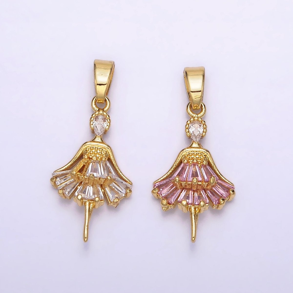 14K Gold Filled Clear, Pink CZ Baguette Dress Ballerina Pendant | AA717 AA718 - DLUXCA