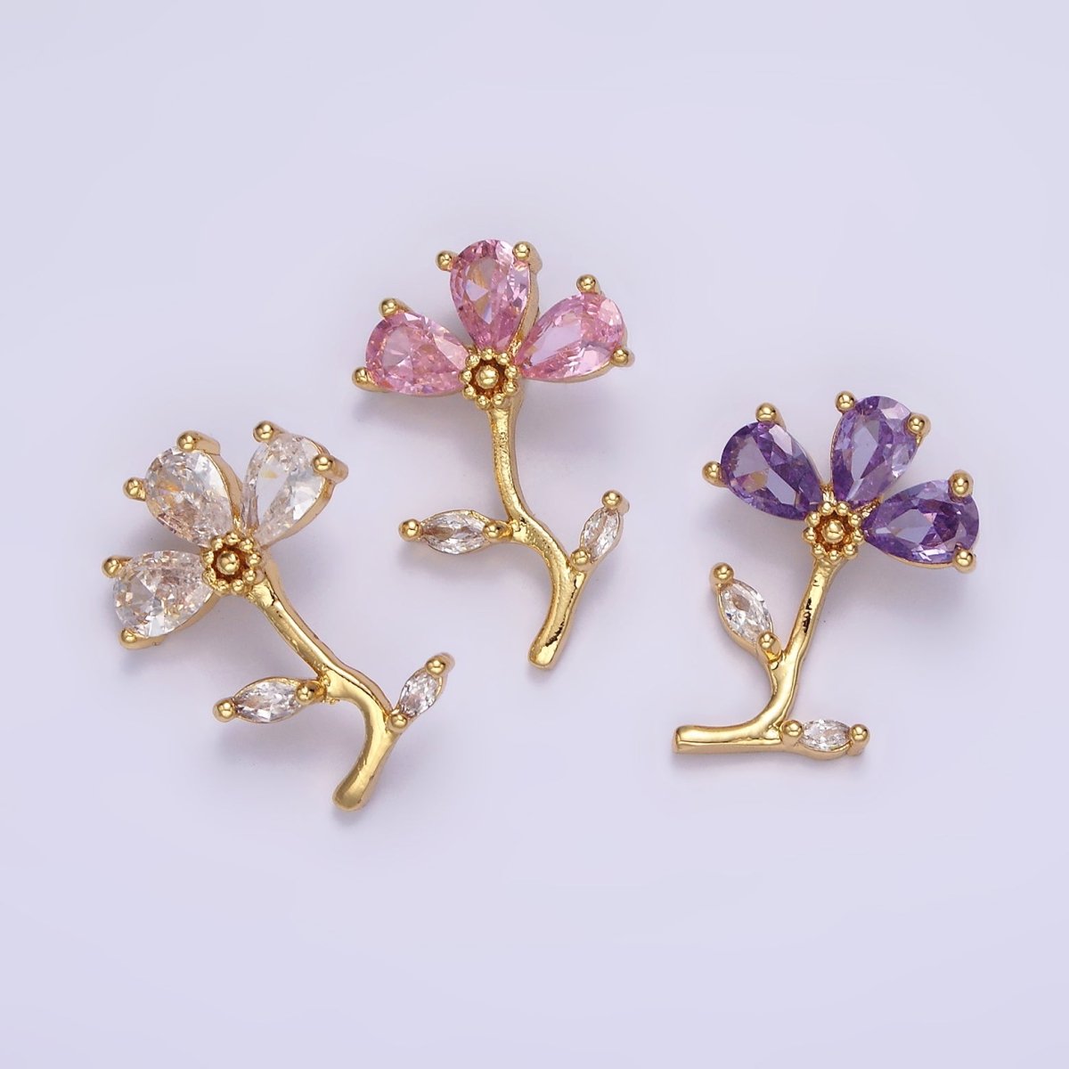 14K Gold Filled Clear, Pink, Purple Teardrop CZ Flower Marquise Leaf Charm | AA639 - AA641 - DLUXCA
