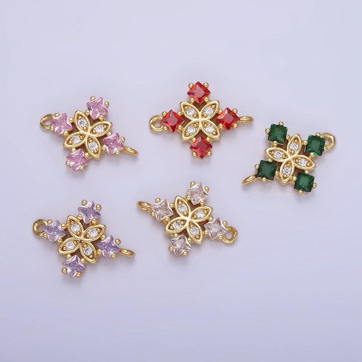14K Gold Filled Clear, Purple, Green, Red, Pink Rhombus CZ Flower Connector | G339 - G341 - DLUXCA