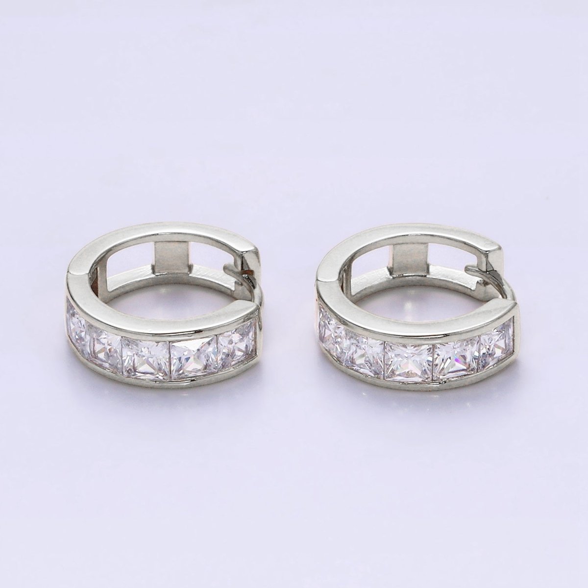 14K Gold Filled Clear Square CZ Lined 15mm Huggie Hoop Earrings in Gold & Silver | Y-898 Y-899 - DLUXCA