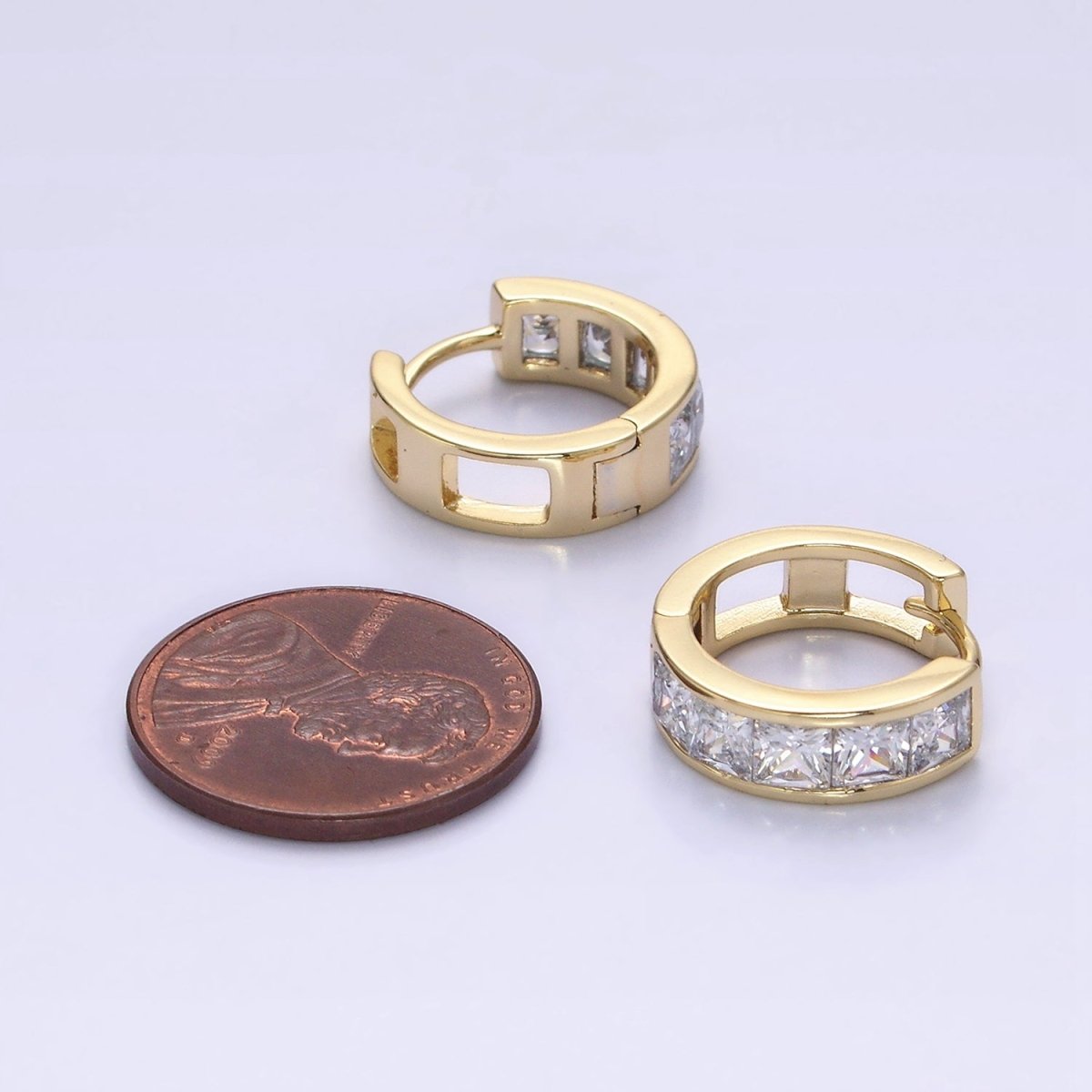 14K Gold Filled Clear Square CZ Lined 15mm Huggie Hoop Earrings in Gold & Silver | Y-898 Y-899 - DLUXCA