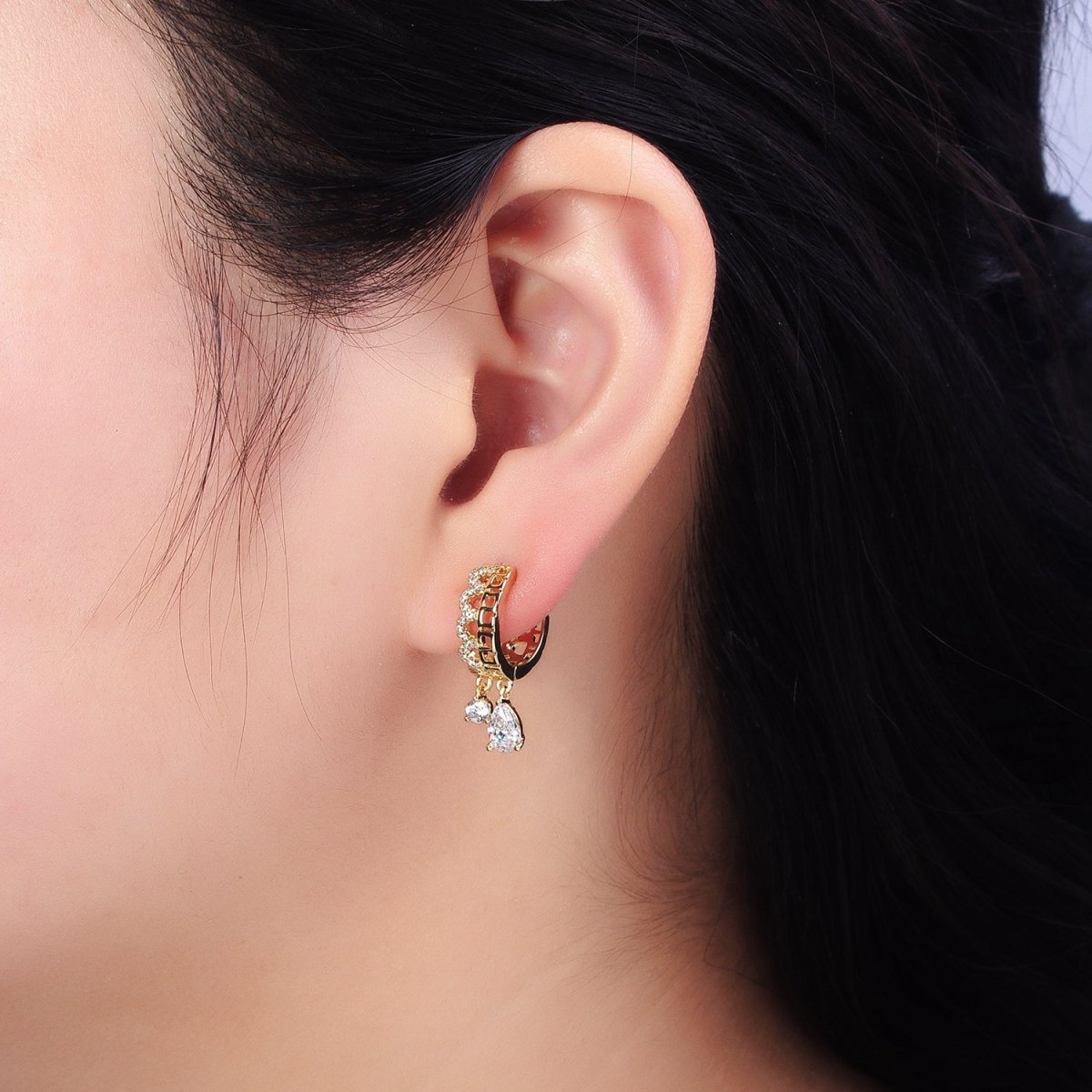 14K Gold Filled Clear Teardrop CZ Double Drop Geometric Boxy Rounded Micro Paved Huggie Earrings | AD1447 - DLUXCA