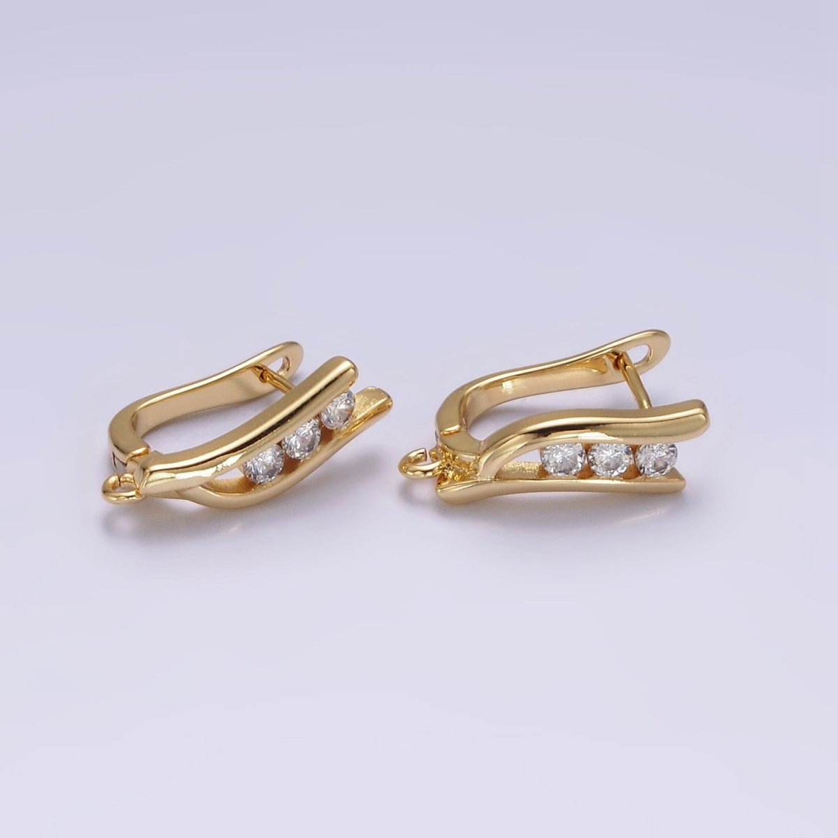 14K Gold Filled Clear Triple CZ Curved Open Loop French Lock Earrings | Z-464 - DLUXCA