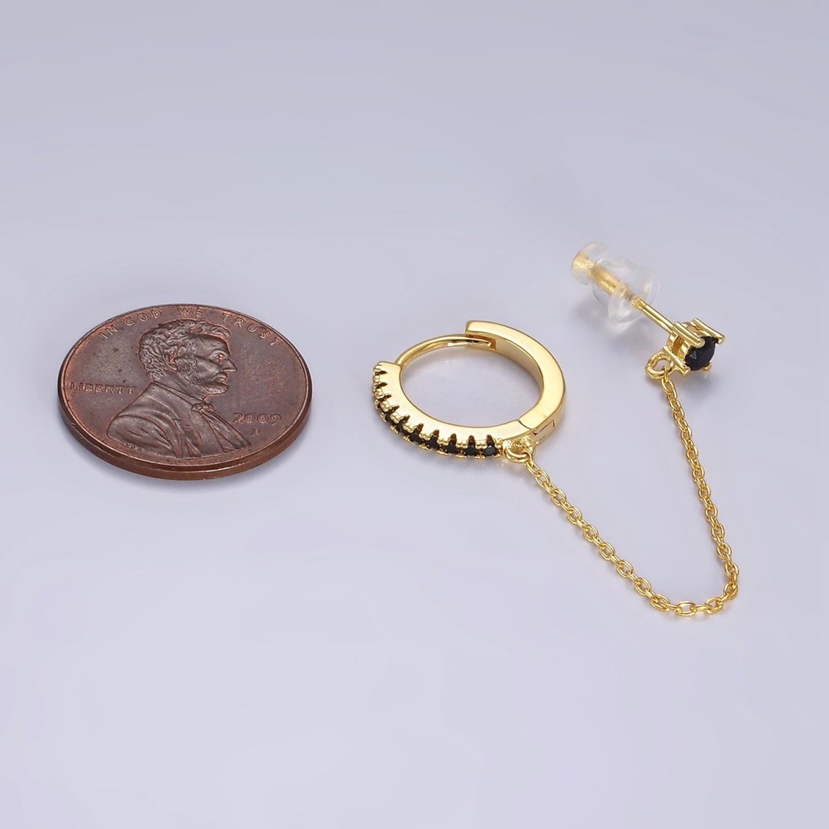 14K Gold Filled Clear, Turquoise, Black, Green, Pink Micro Paved CZ Huggie Chain Link Stud Earrings in Gold & Silver | AE118, AE936 - DLUXCA