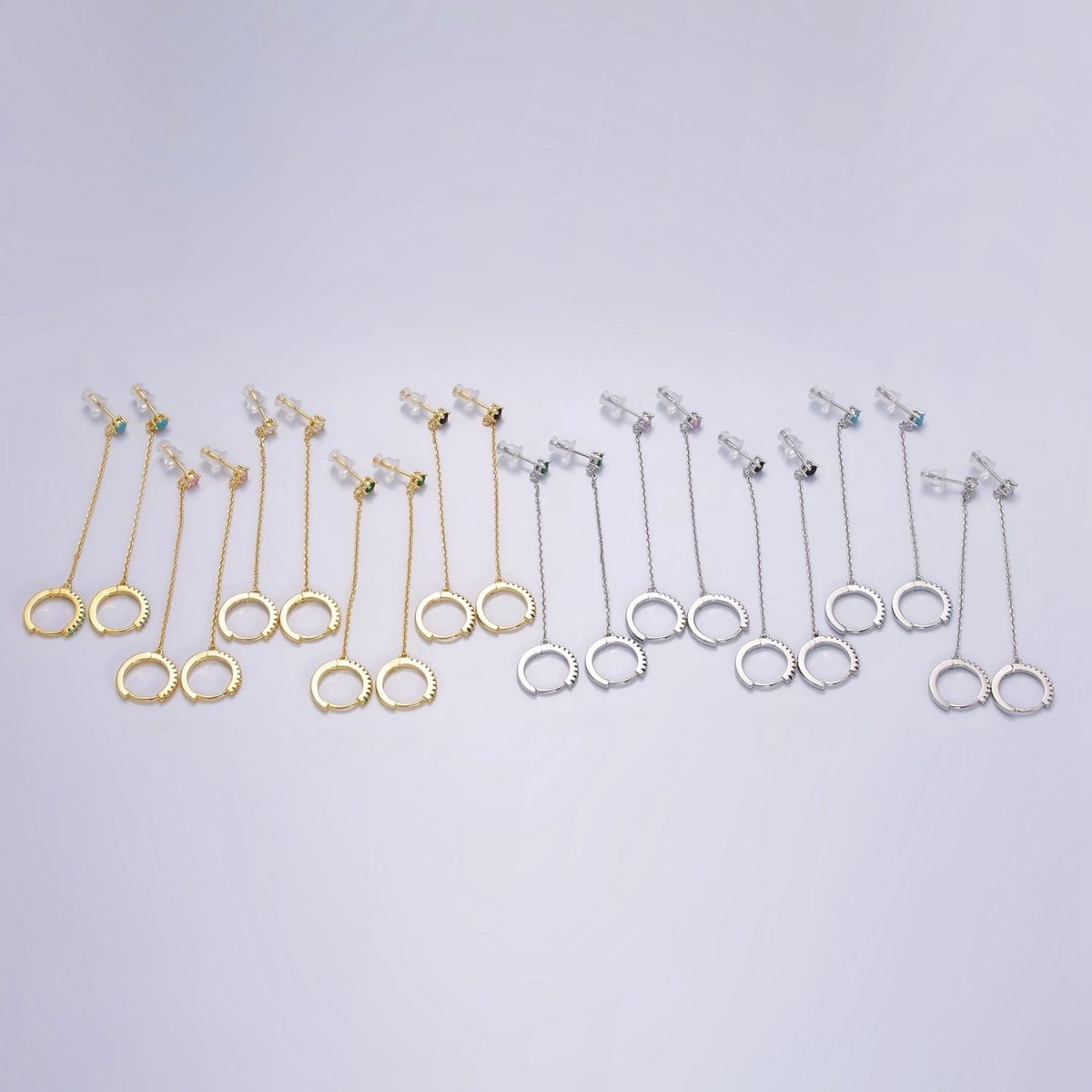 14K Gold Filled Clear, Turquoise, Black, Green, Pink Micro Paved CZ Huggie Chain Link Stud Earrings in Gold & Silver | AE118, AE936 - DLUXCA