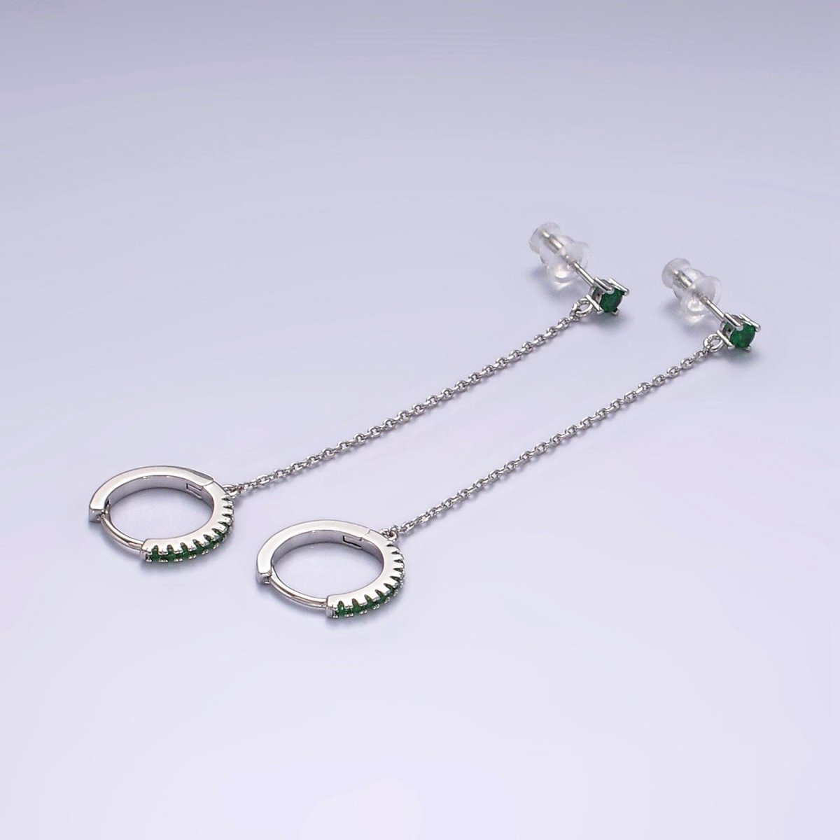 14K Gold Filled Clear, Turquoise, Black, Green, Pink Micro Paved CZ Huggie Chain Link Stud Earrings in Gold & Silver | AE118, AE936 - DLUXCA