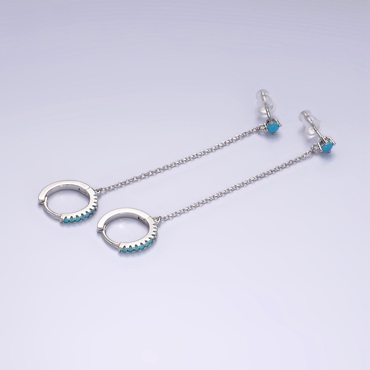 14K Gold Filled Clear, Turquoise, Black, Green, Pink Micro Paved CZ Huggie Chain Link Stud Earrings in Gold & Silver | AE118, AE936 - DLUXCA