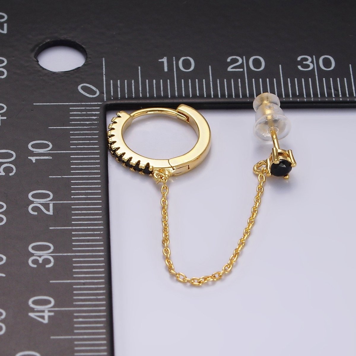 14K Gold Filled Clear, Turquoise, Black, Green, Pink Micro Paved CZ Huggie Chain Link Stud Earrings in Gold & Silver | AE118, AE936 - DLUXCA