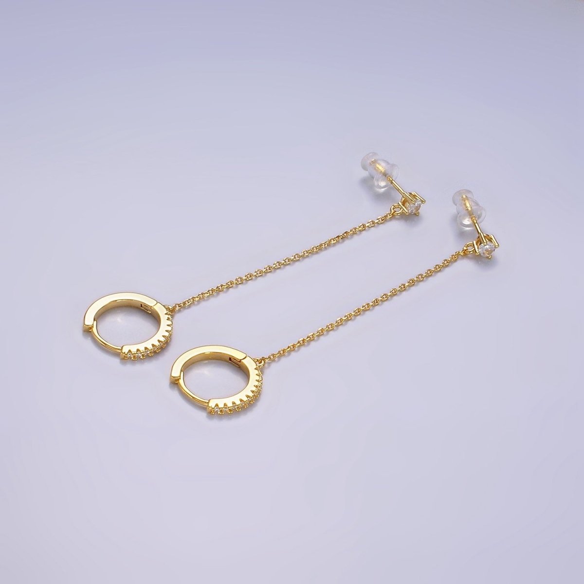 14K Gold Filled Clear, Turquoise, Black, Green, Pink Micro Paved CZ Huggie Chain Link Stud Earrings in Gold & Silver | AE118, AE936 - DLUXCA