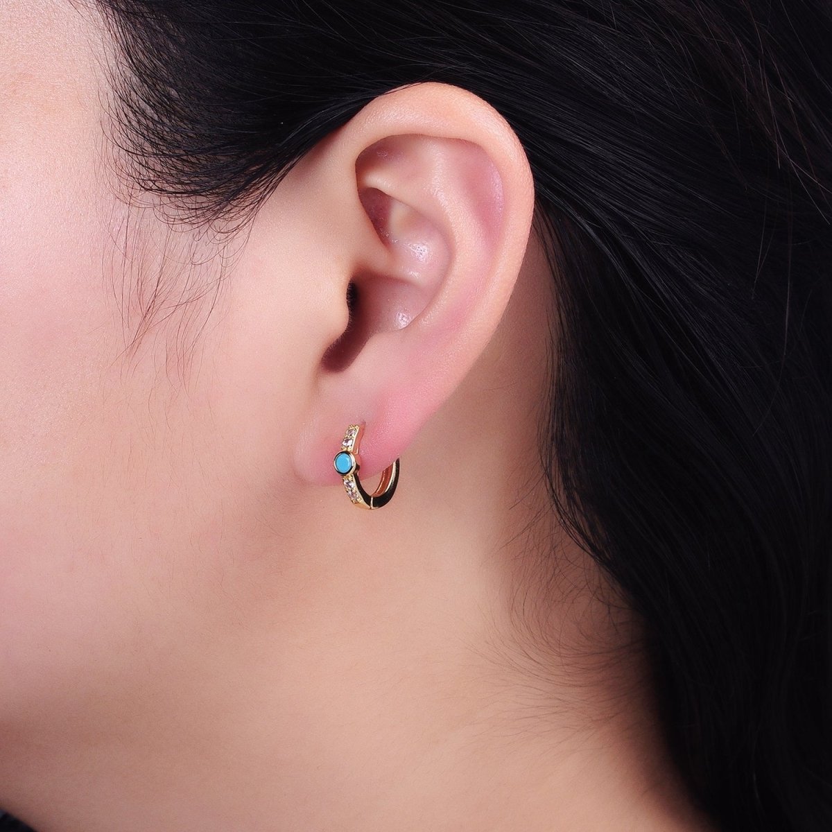 14K Gold Filled Clear, Turquoise Round Micro Paved CZ 13mm Cartilage Huggie Earrings in Gold & Silver | AB904 AB907 AB648 AE774 - DLUXCA