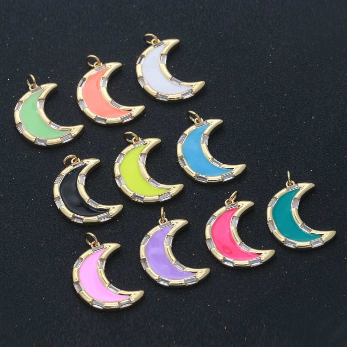 14k Gold Filled Crescent Moon Charm CZ Micro Pave, Enamel Moon Pendant, Celestial Jewelry Cubic Zirconia Charm Bracelet Necklace Earring M-627 - M-636 - DLUXCA