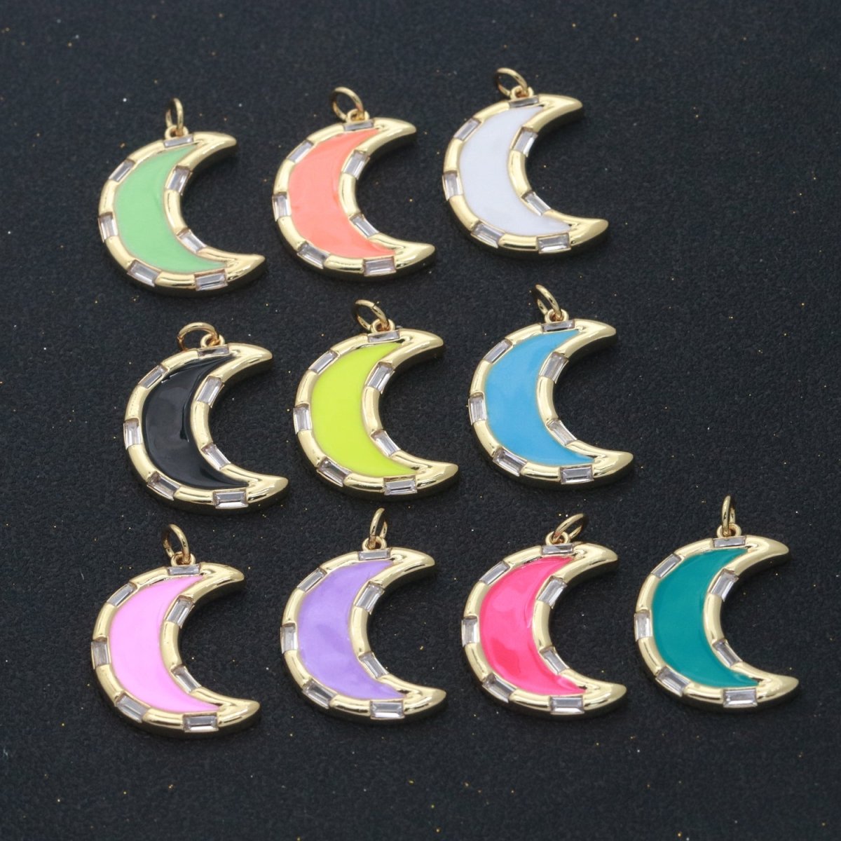 14k Gold Filled Crescent Moon Charm CZ Micro Pave, Enamel Moon Pendant, Celestial Jewelry Cubic Zirconia Charm Bracelet Necklace Earring M-627 - M-636 - DLUXCA