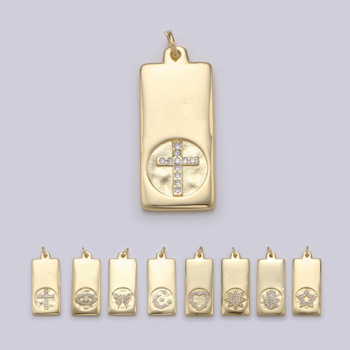 14k Gold Filled Cubic Zirconia Moon Star Butterfly Evil Eye Dog Tag Charm Celestial CZ Add-on Medallion Gold Filled CZ Pendant, Heart Cross D-835 TO D-842 - DLUXCA