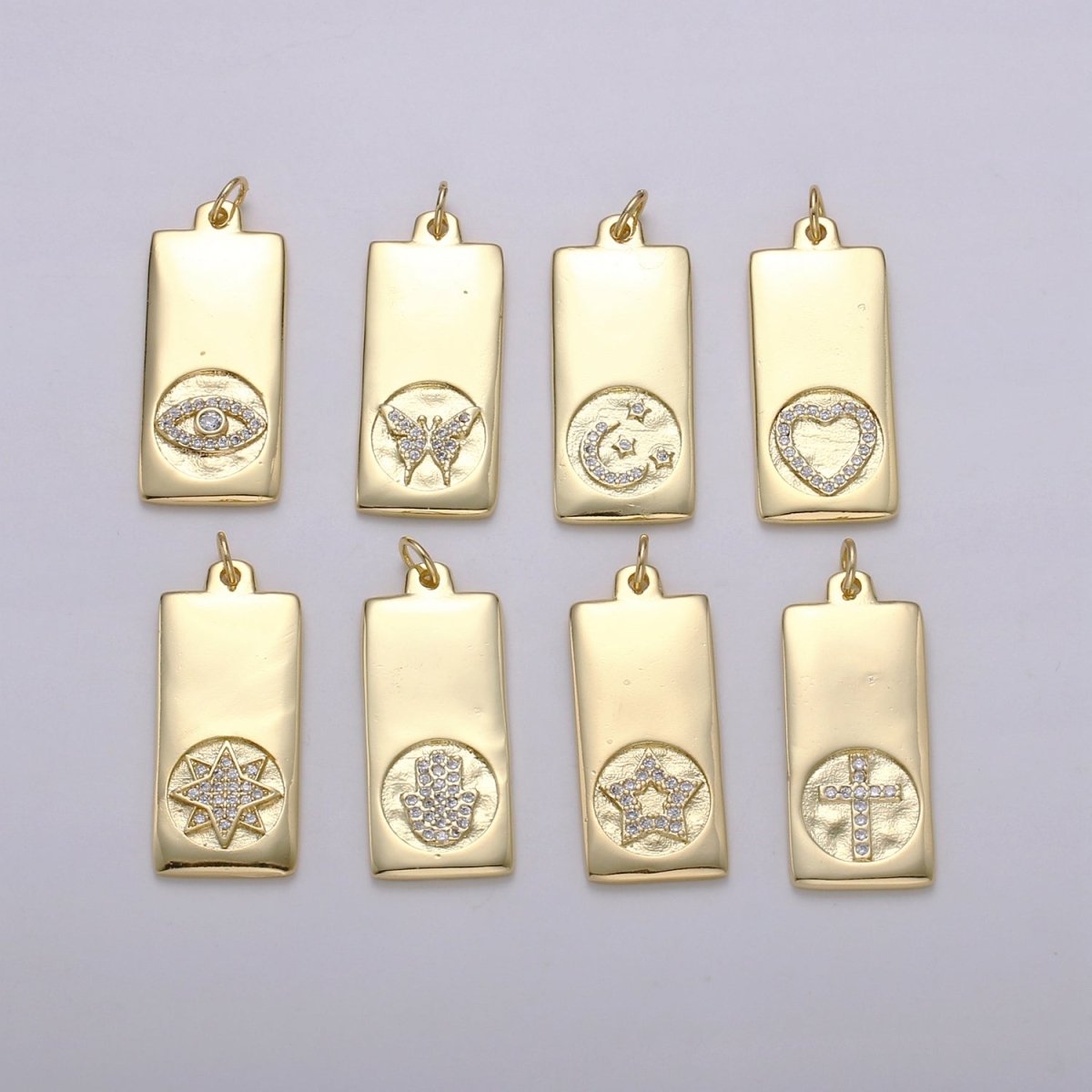 14k Gold Filled Cubic Zirconia Moon Star Butterfly Evil Eye Dog Tag Charm Celestial CZ Add-on Medallion Gold Filled CZ Pendant, Heart Cross D-835 TO D-842 - DLUXCA