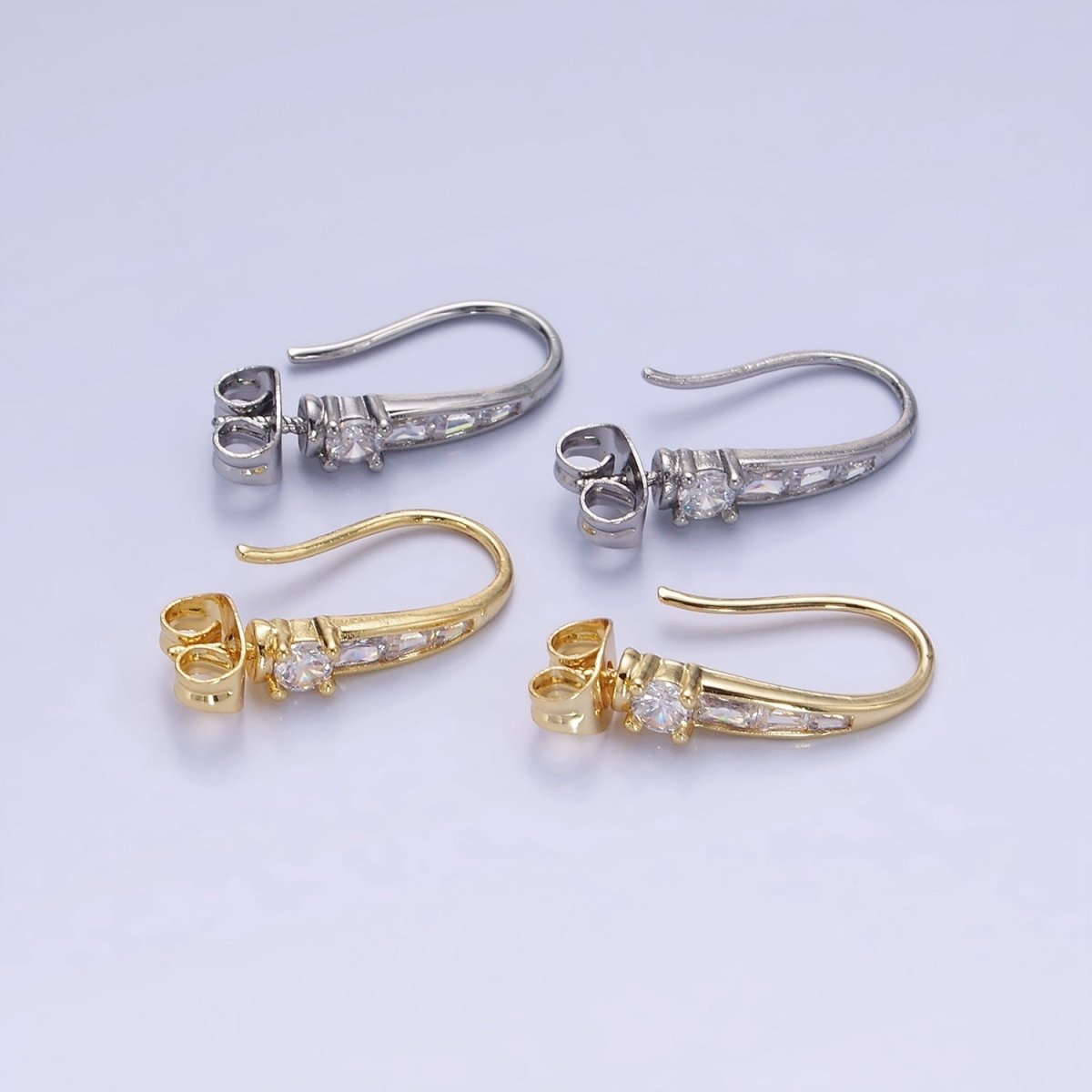 14K Gold Filled CZ Baguette Lined French Hook Earrings in Gold & Silver | Z749 Z750 - DLUXCA