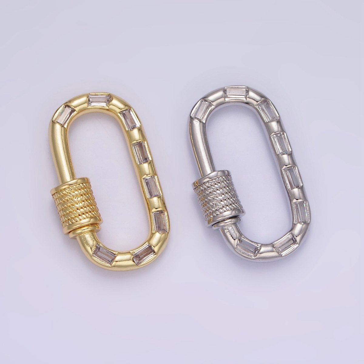 14K Gold Filled CZ Baguette Lined Oblong Carabiner Lock Finding Supply in Gold & Silver | Z450 - DLUXCA