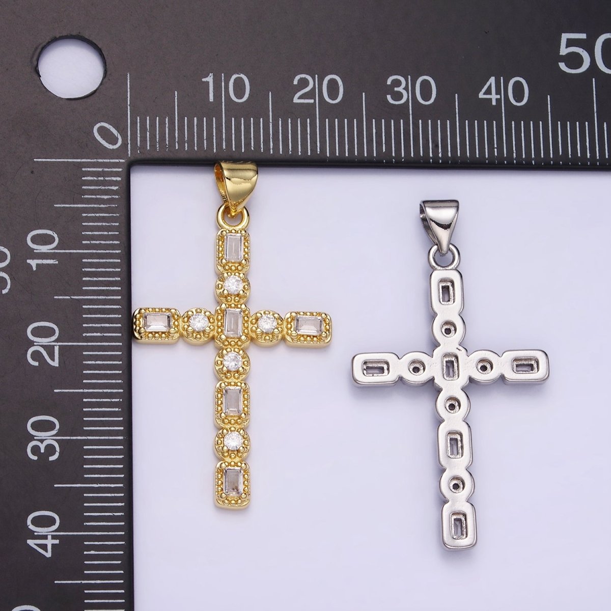 14K Gold Filled CZ Baguette Round Dotted Bezel Latin Religious Cross Pendant in Gold & Silver | AA1205 - DLUXCA