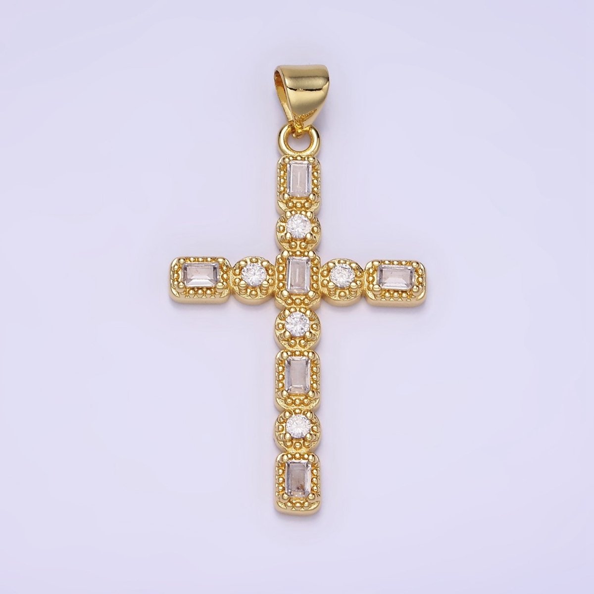 14K Gold Filled CZ Baguette Round Dotted Bezel Latin Religious Cross Pendant in Gold & Silver | AA1205 - DLUXCA