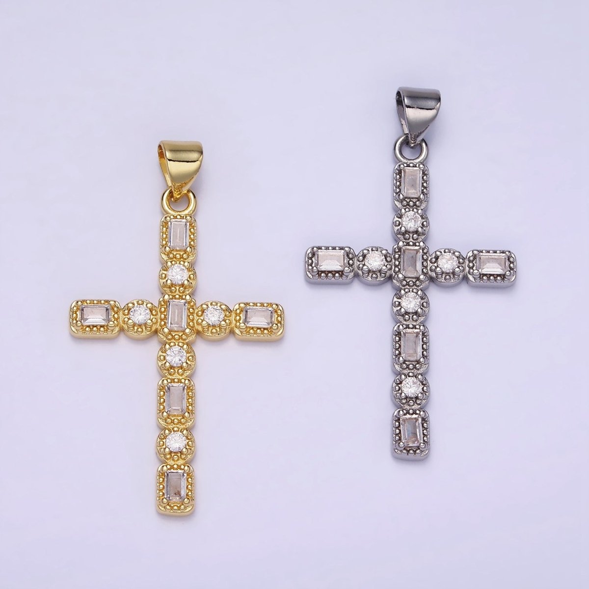 14K Gold Filled CZ Baguette Round Dotted Bezel Latin Religious Cross Pendant in Gold & Silver | AA1205 - DLUXCA