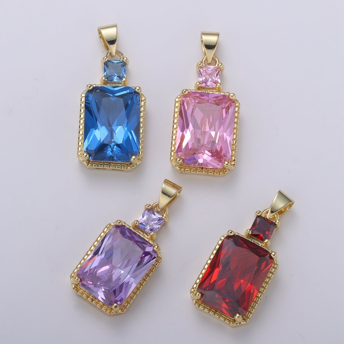 14k Gold Filled CZ Cubic Geometric Shape Pendant Blue Pink Lavender Red Emerald Cut Charm Necklace Earring Supply Component 28x12mm H-367 H-368 H-375 H-376 - DLUXCA