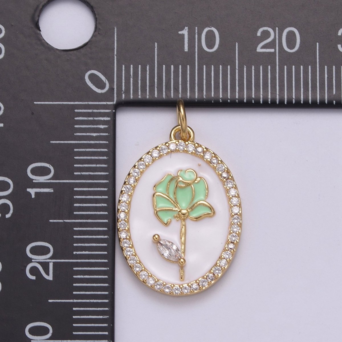 14k Gold Filled CZ Enamel Rose Flower Oval Pendant Dainty Floral Charm N-226 - N-229 - DLUXCA