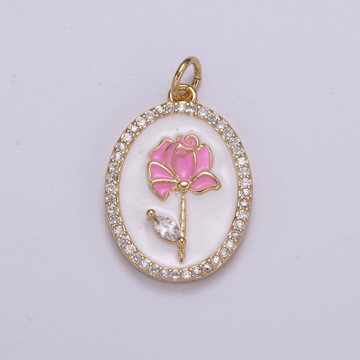14k Gold Filled CZ Enamel Rose Flower Oval Pendant Dainty Floral Charm N-226 - N-229 - DLUXCA
