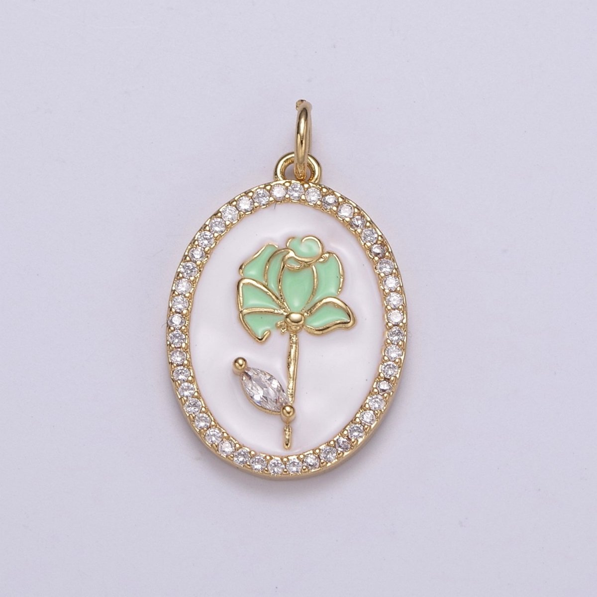 14k Gold Filled CZ Enamel Rose Flower Oval Pendant Dainty Floral Charm N-226 - N-229 - DLUXCA