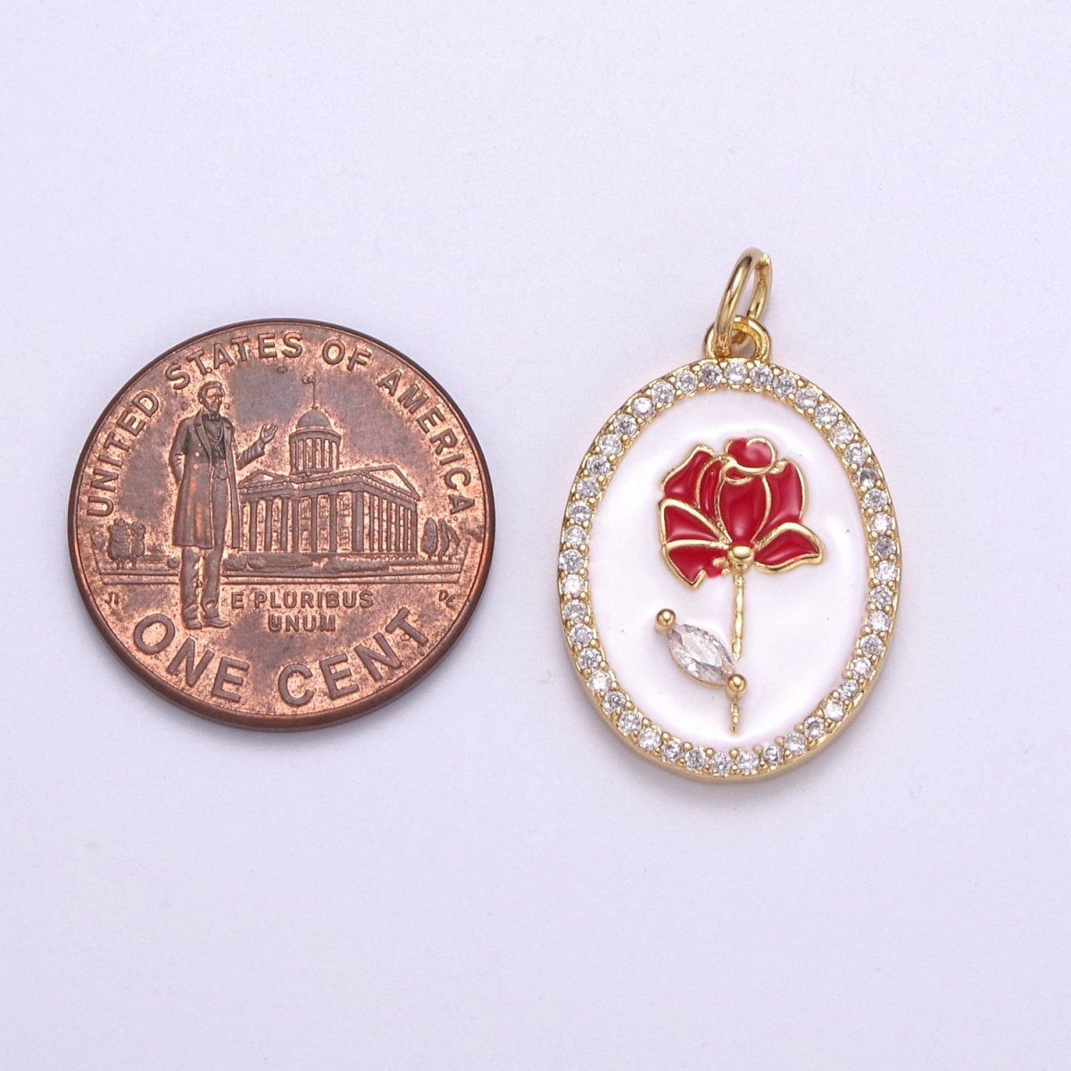 14k Gold Filled CZ Enamel Rose Flower Oval Pendant Dainty Floral Charm N-226 - N-229 - DLUXCA