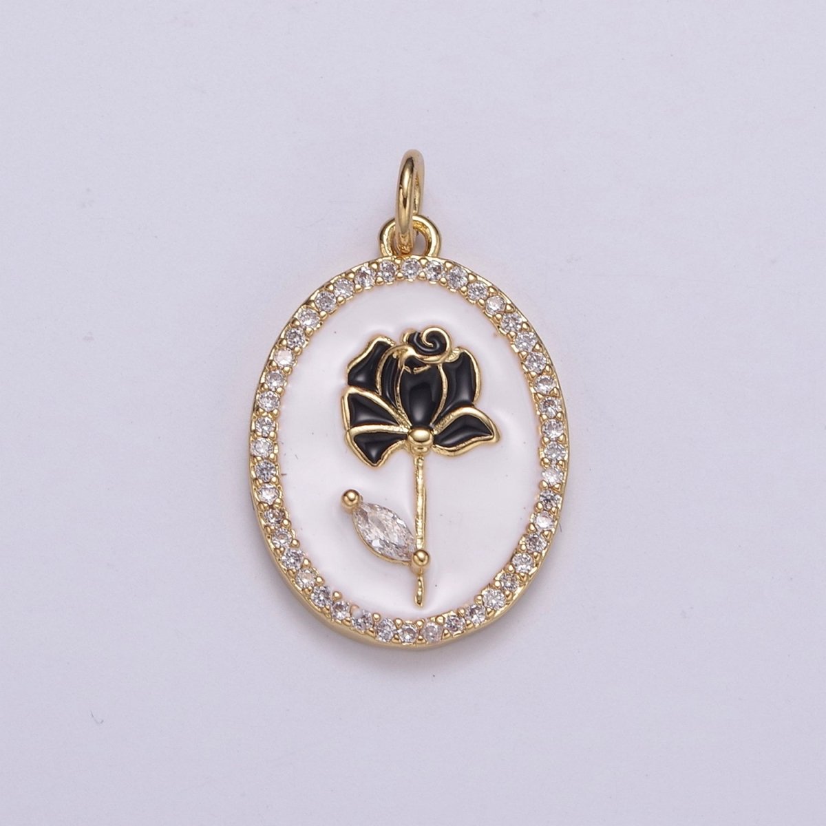 14k Gold Filled CZ Enamel Rose Flower Oval Pendant Dainty Floral Charm N-226 - N-229 - DLUXCA