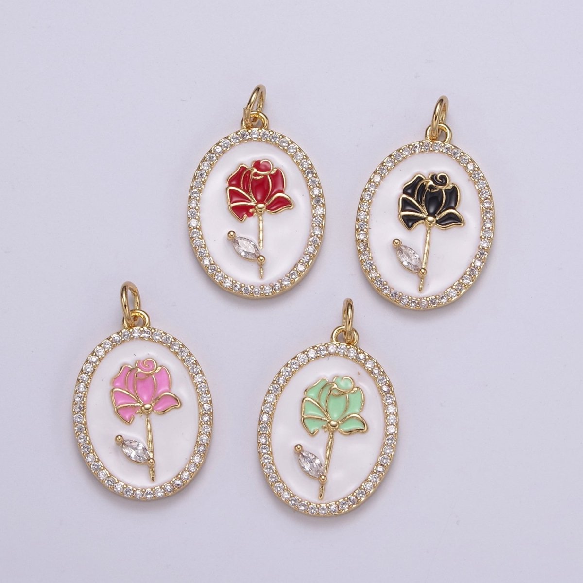 14k Gold Filled CZ Enamel Rose Flower Oval Pendant Dainty Floral Charm N-226 - N-229 - DLUXCA