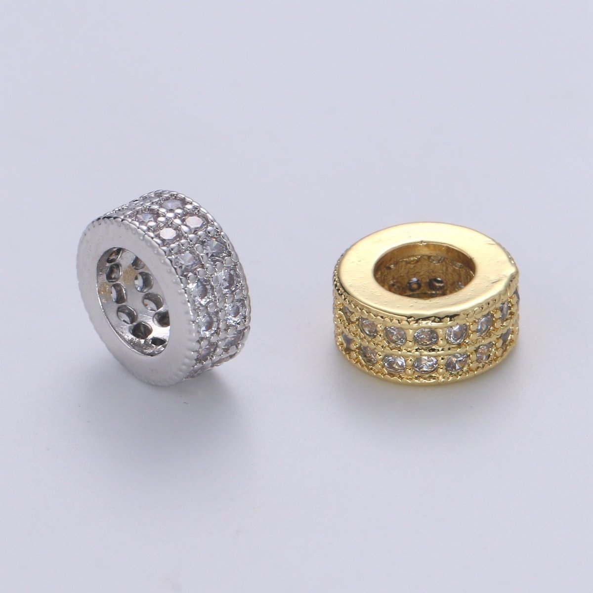 14K Gold Filled CZ Micro Pave Round Wheel Spacer Beads, Cubic Zirconia Rondelle Spacer Bead for Bracelet Necklace B-694 B-695 - DLUXCA