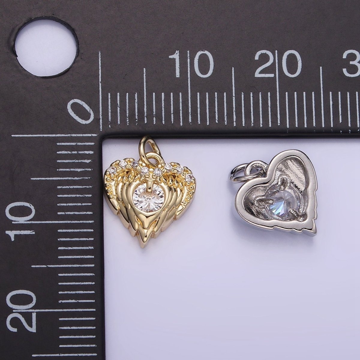 14K Gold Filled CZ Micro Paved Angel Wings Heart Charm in Gold & Silver | W536 - DLUXCA