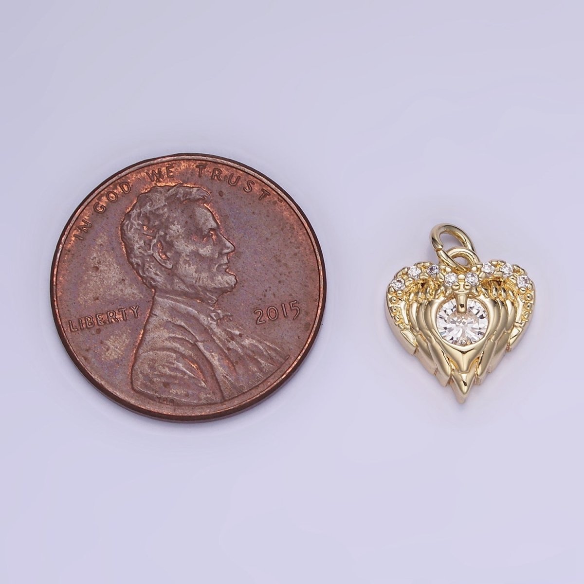 14K Gold Filled CZ Micro Paved Angel Wings Heart Charm in Gold & Silver | W536 - DLUXCA