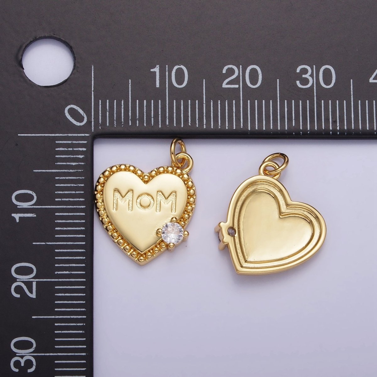 14K Gold Filled CZ "MOM" Script Beaded Bezel Charm | W525 - DLUXCA