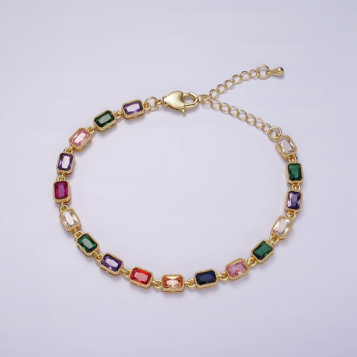 14K Gold Filled CZ Multicolor Baguette Bezel 7 Inch Bracelet in Gold & Silver | WA-2238 WA-2239 Clearance Pricing - DLUXCA