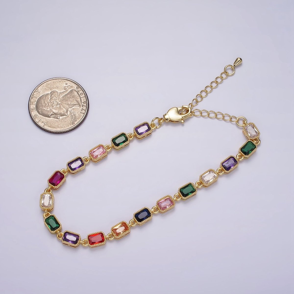 14K Gold Filled CZ Multicolor Baguette Bezel 7 Inch Bracelet in Gold & Silver | WA-2238 WA-2239 Clearance Pricing - DLUXCA