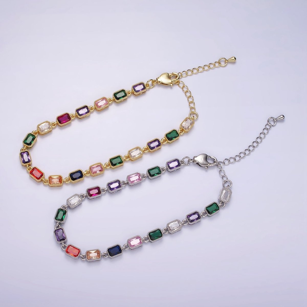 14K Gold Filled CZ Multicolor Baguette Bezel 7 Inch Bracelet in Gold & Silver | WA-2238 WA-2239 Clearance Pricing - DLUXCA